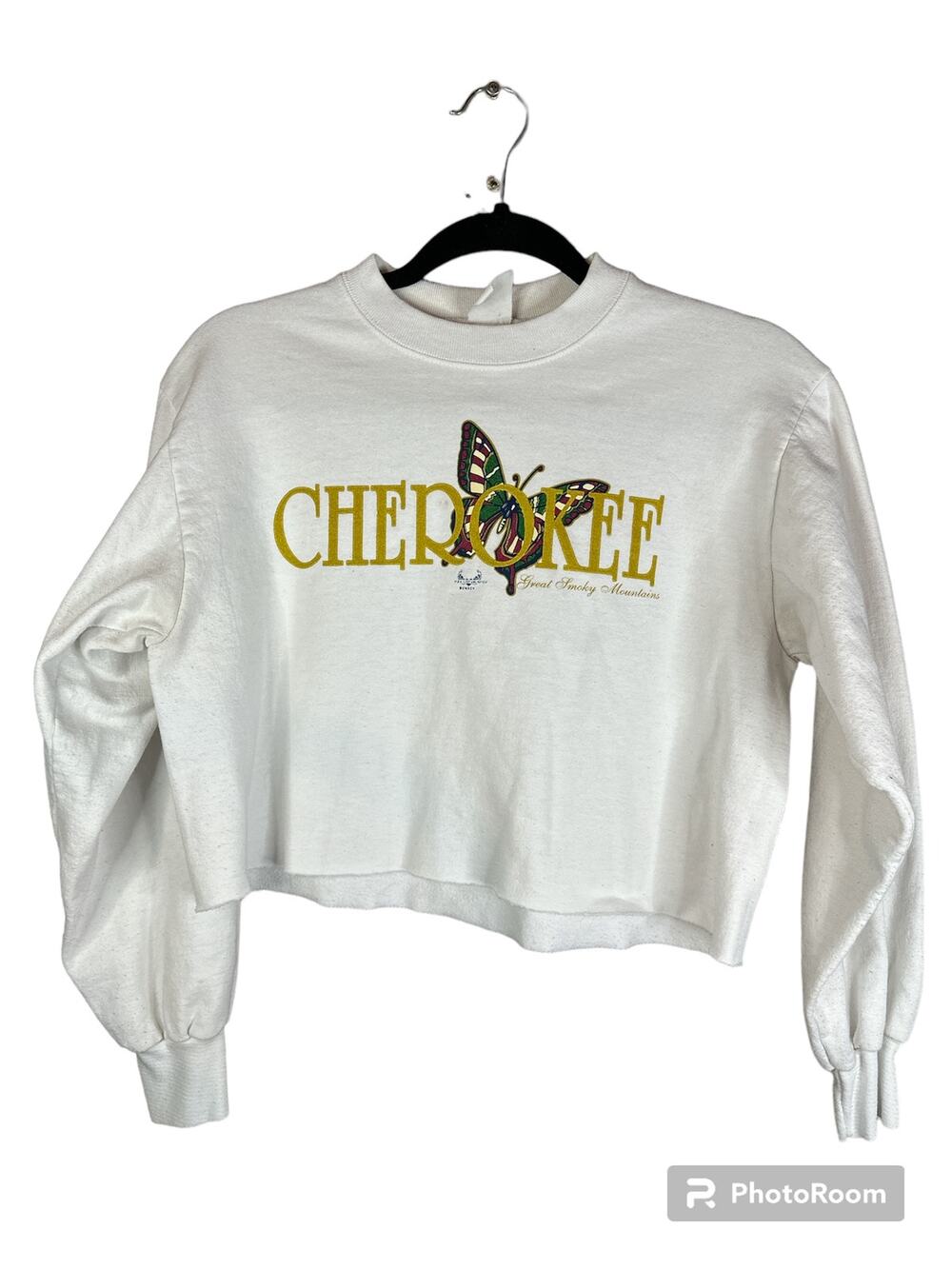 Vintage White Long Sleeve Cropped Sweatshirt Cherokee Mountains Size Small